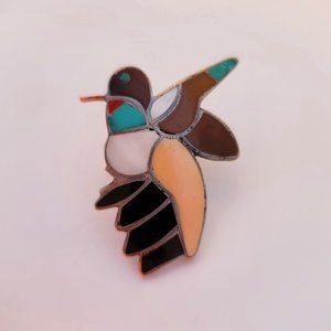 Inlaid Gemstone & Sterling Hummingbird Ring by Bobby & Corraine Shack (Zuni)
